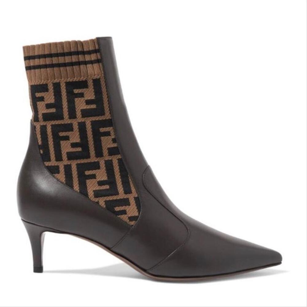 FENDI Rockoko FF logo stretch knit leather heeled ankle boots - Picture 1 of 11